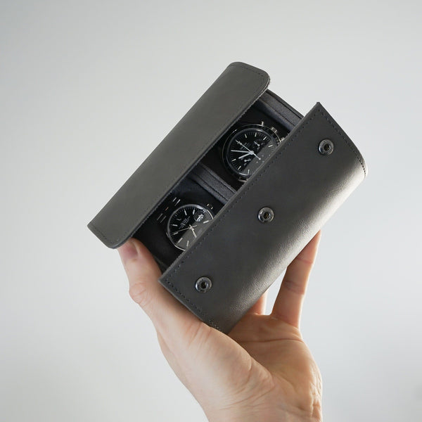 Hochwertige Uhrenbox für zwei Uhren aus Kunstleder Grau