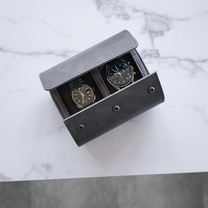 Hochwertige Uhrenbox für zwei Uhren aus Kunstleder Grau
