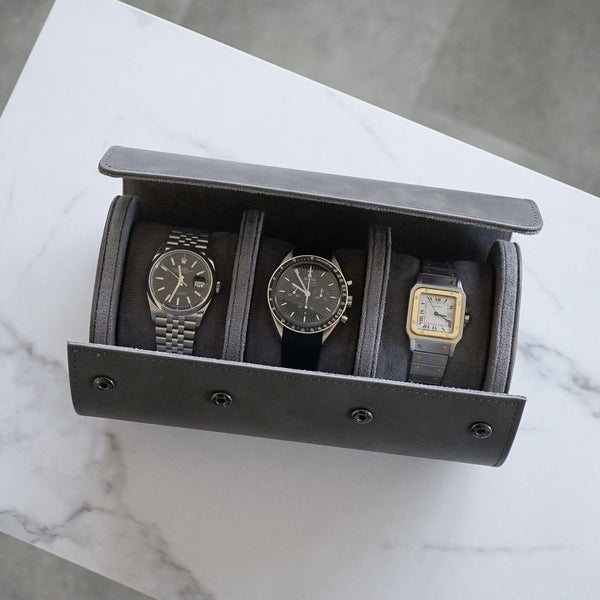 Hochwertige Uhrenbox für drei Uhren aus Kunstleder Grau