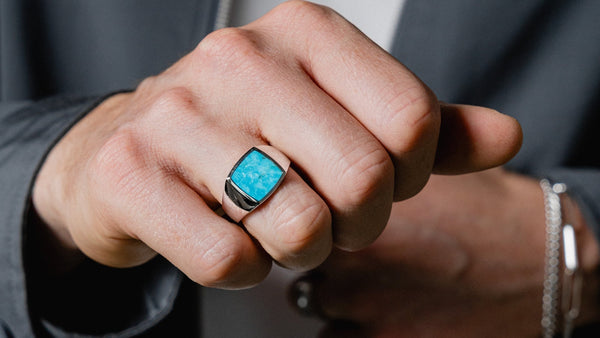 Herren Siegelring Silber Türkis Stein blau quadratisch poliert massiv klassisch Sprezzi Fashion