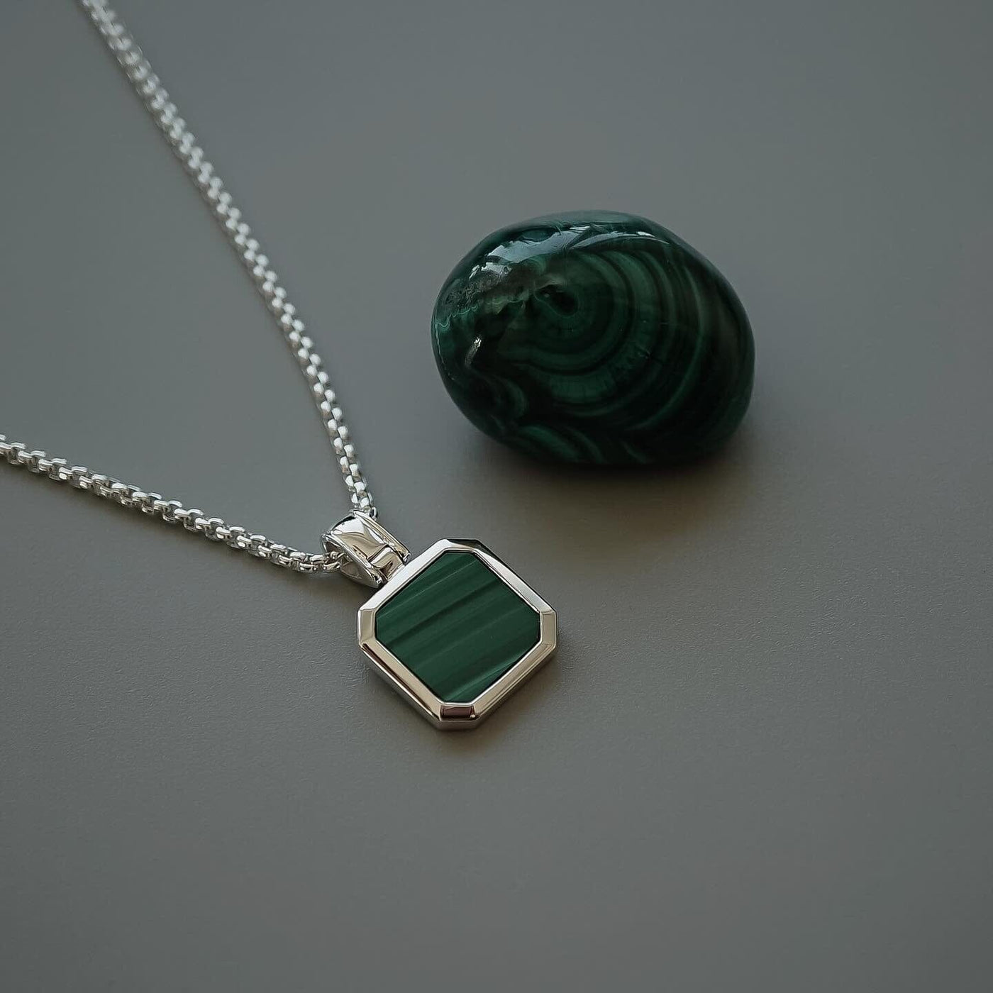 Pendant Malachite with fashion silver unique gift for her or him green gemstone square modern design inlay work with silver chain mens necklace