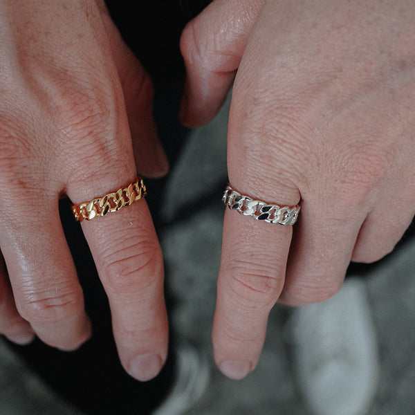 Cuban Chain Ringe aus Silber und Gold im Streetwear Stil gefertigt aus 925 Sterling Silber handgravierte Oberflaeche Sprezzi Fashion