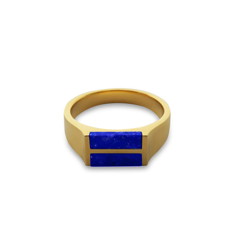 Polierter 18k Gold Ring mit zwei Lapis Steinen handgefertigt stilvoll Sprezzi Fashion
