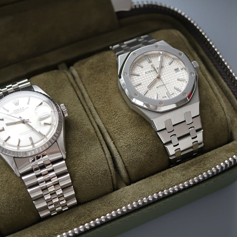 Exklusive Uhrenbox aus khaki Leder Platz für 2 Uhren Schutz vor Kratzern handgefertigt Sprezzi Fashion