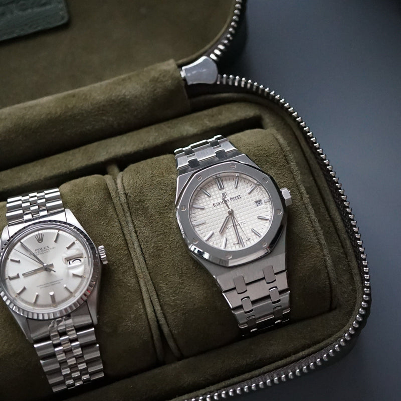 Exklusive Uhrenbox aus khaki Leder Platz für 3 Uhren Schutz vor Kratzern handgefertigt Sprezzi Fashion