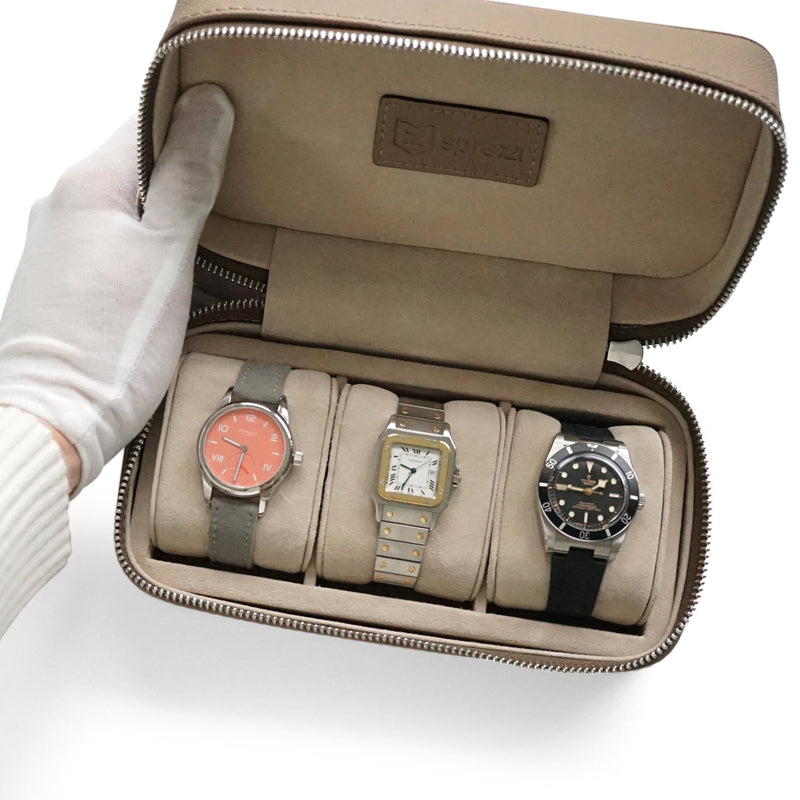 Elegante handgefertigte Leder Uhrenbox in Taupe für 3 Uhren sicher und stilvoll Sprezzi Fashion
