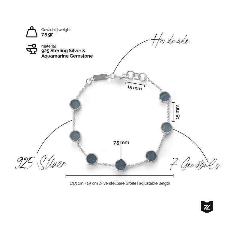 Handgemachtes Silberarmband aus 925 Sterling Silver mit sieben echten Aquamarin Edelsteinen einzigartig verarbeitet und elegant für Herren Sprezzi Fashion