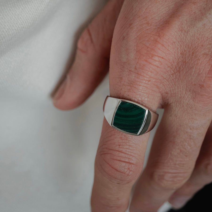 Solid 925 Sterling Silver Malachite Ring For Men - Square Signet Style, Turkish Handmade Gemstone Jewelry