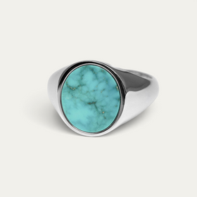 Anillo Signet para hombre de plata de ley 925 con piedra ovalada de turquesa azul verdosa, que combina el efecto de color natural de la piedra con una montura definida para un look moderno, marcado y masculino Sprezzi Fashion