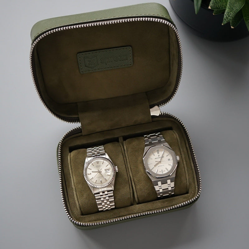 Hochwertige Uhrenbox aus khaki Leder Saffiano-Optik für 2 Uhren handgefertigt Sprezzi Fashion