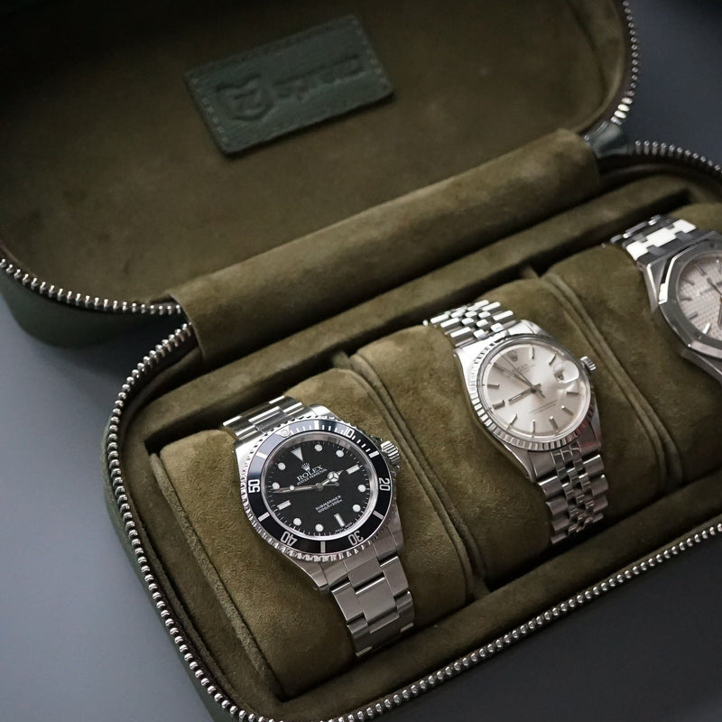 Hochwertige Uhrenbox aus khaki Leder Saffiano-Optik für 3 Uhren handgefertigt Sprezzi Fashion