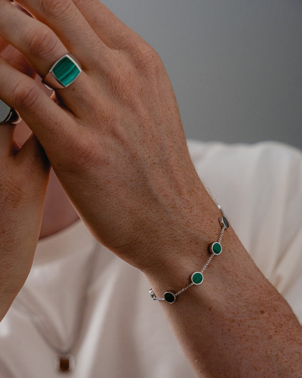 Bijoux classiques pour hommes Bague chevalière et bracelet avec véritable pierre de Malachit verte.jpg