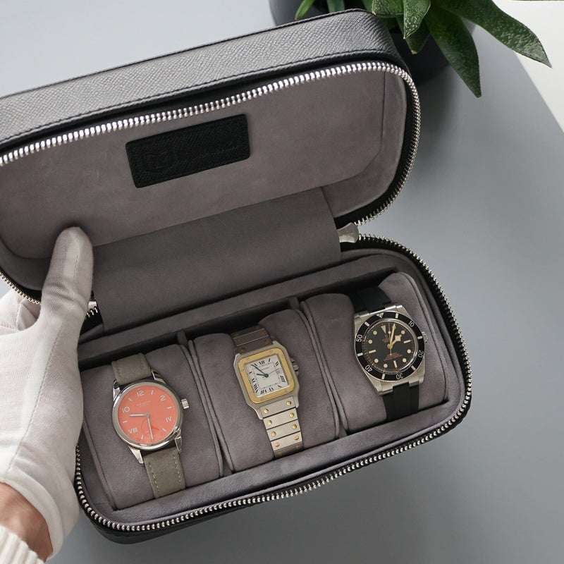 Elegante schwarze Leder Uhrenbox für 3 Uhren handgemacht praktisch für Aufbewahrung und Reisen Sprezzi Fashion