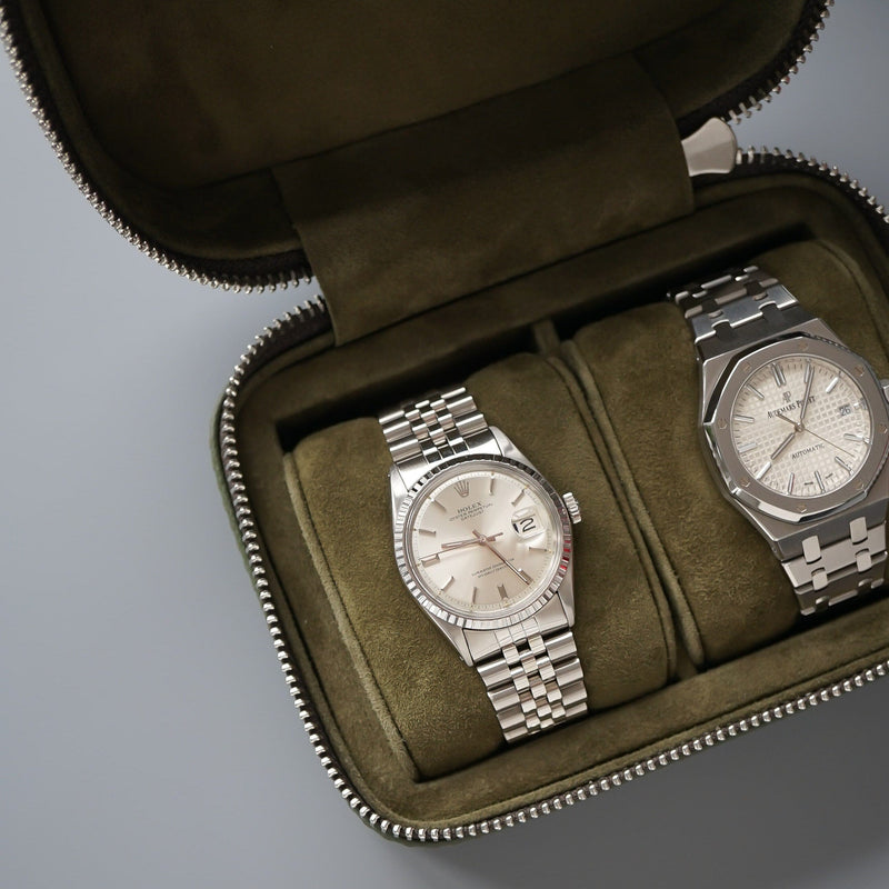 Klassische khaki Leder Uhrenbox für 2 Uhren inklusive Reisetasche handgefertigt Sprezzi Fashion