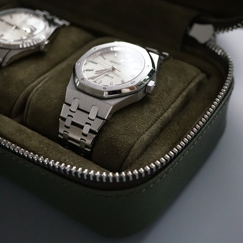 Klassische khaki Leder Uhrenbox für 3 Uhren inklusive Reisetasche handgefertigt Sprezzi Fashion