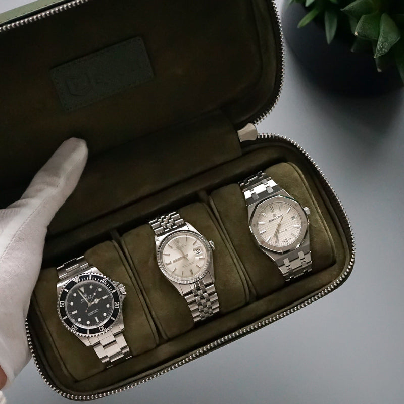 Elegante Leder Uhrenbox khaki grün für 3 Uhren handgefertigt Schutz vor Kratzern und Staub Sprezzi Fashion