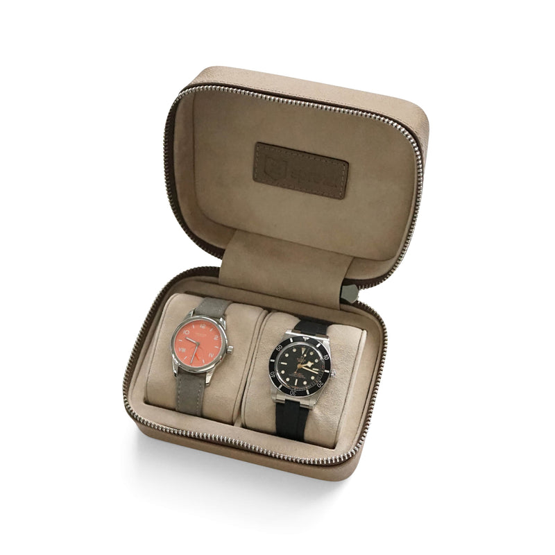 Klassische handgefertigte Leder Uhrenbox taupe Platz für 2 Uhren inklusive Reisetasche Sprezzi Fashion