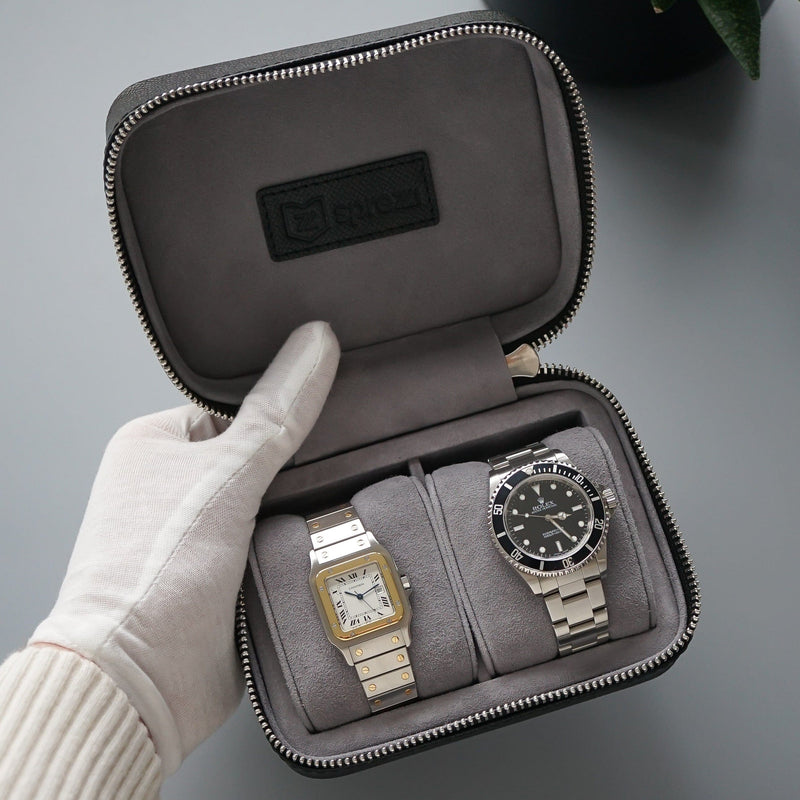 Elegante schwarze Leder Uhrenrolle für 2 Uhren handgefertigt Schutz vor Kratzern und Staub Sprezzi Fashion