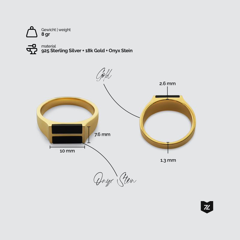 Luxuriöser Ring aus 18K vergoldetem 925 Sterling Silber mit zwei schwarzen Onyx Steinen, handgefertigt und 8 Gramm schwer eleganter Herrenring von Sprezzi Fashion