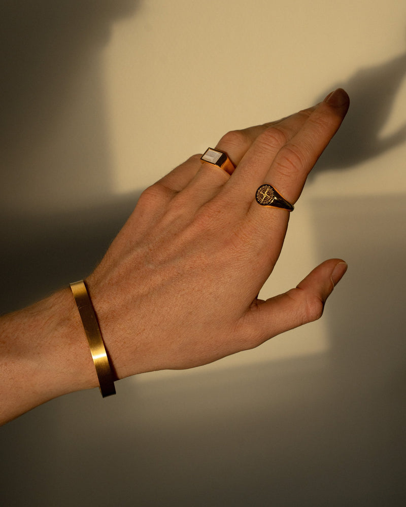 Modelshot zeigt goldene Schmuckstuecke der Kompassrose Ring der blaue Achat Ring und der Armreif bilden zusammen einen edlen maskulinen Stil Sprezzi Fashion