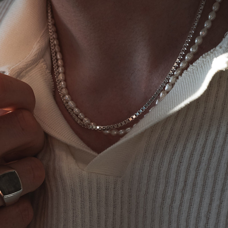 Moderne Herren Box Halskette aus 925 Sterling Silber mit natürlichen Süßwasserperlen und elegantem Glanz Sprezzi Fashion