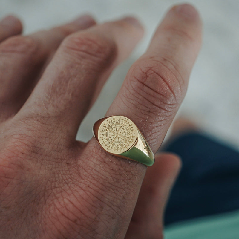 Moderner Herren Kompassring 18k Gold vergoldet maritimes Design handgearbeitet Sprezzi Fashion
