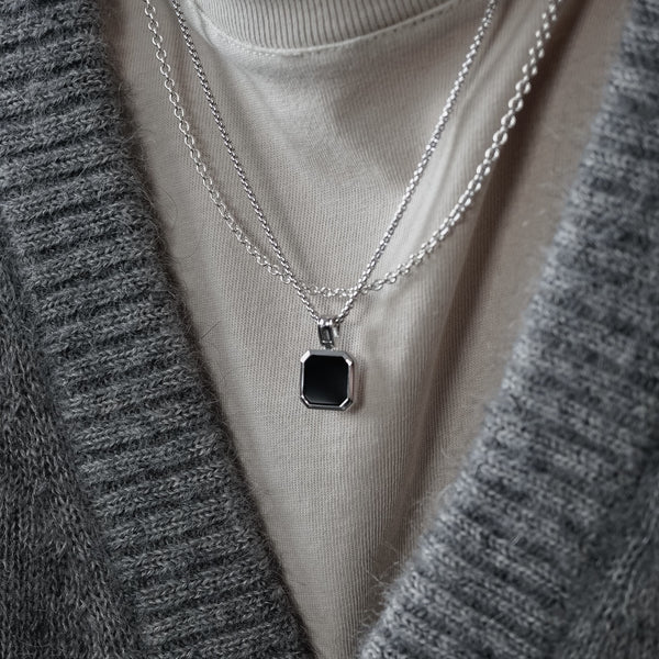 Elegantes 925 Silber Halsketten Set Rolo Kette mit Onyx Anhänger quadratisch robust für Alltag und Geschenk Sprezzi Fashion