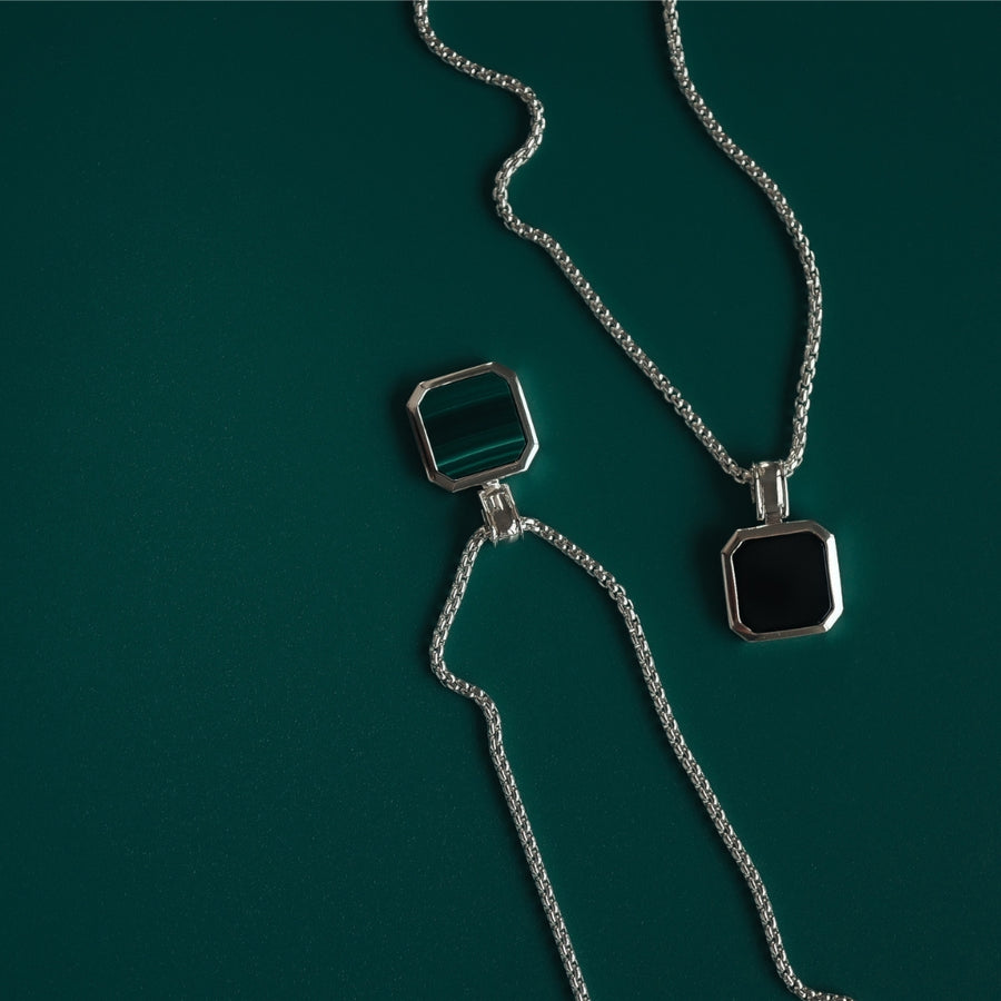 Halskette mit natürlichem Stein Anhänger Onyx schwarz und Malachit grün aus 925 Sterling Silver verstellbar