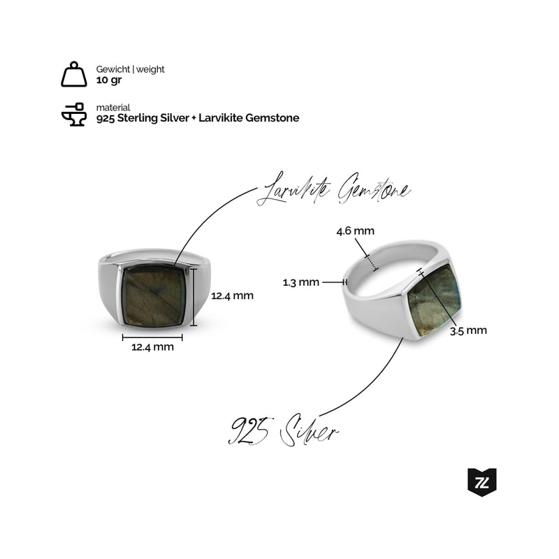 Eleganter Siegelring mit grauem Larvikit-Stein, handgefertigt aus massivem 925 Sterling Silber. Edles Design mit natürlichem Larvikit-Gemstone für modernen Herrenstil – 10 Gramm Gewicht. Sprezzi Fashion