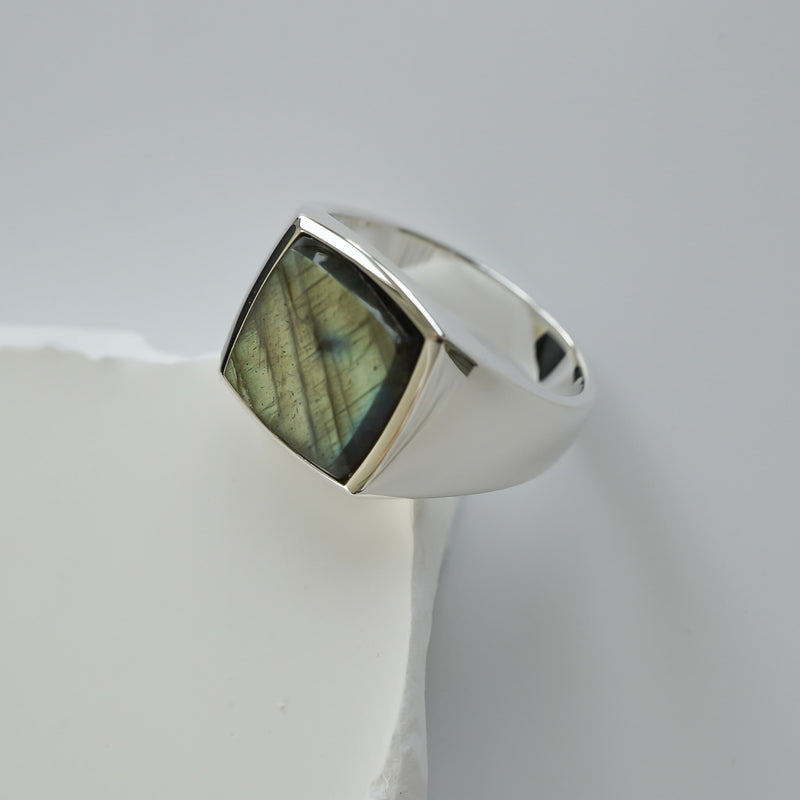 Moderner Siegelring mit glatter Oberfläche und grauem Larvikit Stein aus 925 Sterling Silber Sprezzi Fashion