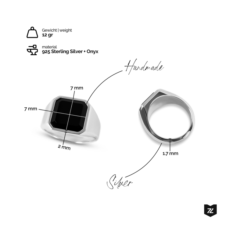 Handgefertigter Siegelring aus 925 Sterling Silber mit schwarzem Onyx Stein in octagonaler Form Gewicht 12 Gramm elegantes und massives Design Sprezzi Fashion