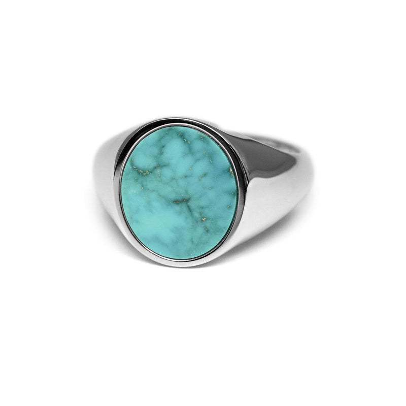 Ein glaenzender ovaler Tuerkis Naturstein praegt diesen massiv gefertigten 925 Sterling Silber Siegelring dessen klare Linienfuehrung und polierte Oberflaeche eine elegante maskuline Ausstrahlung erzeugen die hochwertige Verarbeitung bietet langlebige Premiumqualitaet Sprezzi Fashion