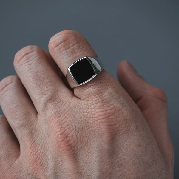 Eleganter Siegelring für Herren aus 925 Sterling Silber mit schwarzem Onyx Stein, klassisches Design Sprezzi Fashion
