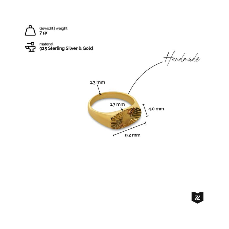 Eleganter Siegelring Sunray handgefertigt aus 925 Sterling Silber mit 18k Gold Beschichtung Gewicht 7 Gramm luxuriöses Schmuckstück für Herren Sprezzi Fashion