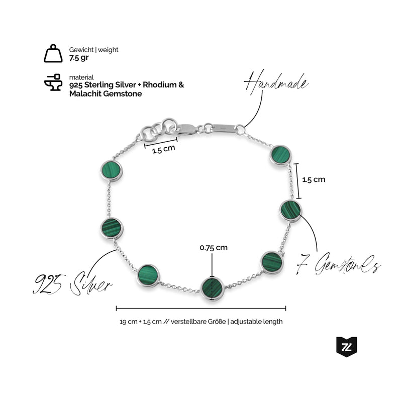 925 Sterling Silber Armband mit 7 grünen Malachit Edelsteinen handgefertigt und rhodiniert 7.5 Gramm Herren Schmuck Sprezzi Fashion