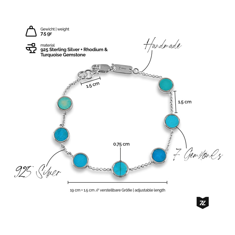 Herren Silber Armband aus 925 Sterling Silber mit Türkis Edelsteinen handgefertigt von Sprezzi Fashion 7 Edelsteine, Gewicht 7.5g