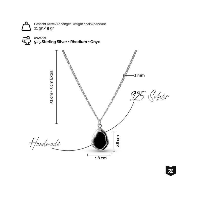 Elegante Silber Halskette aus 925 Sterling Silver mit Onyx Anhänger, Kette 11g, Anhänger 5g, handgefertigt Sprezzi Fashion
