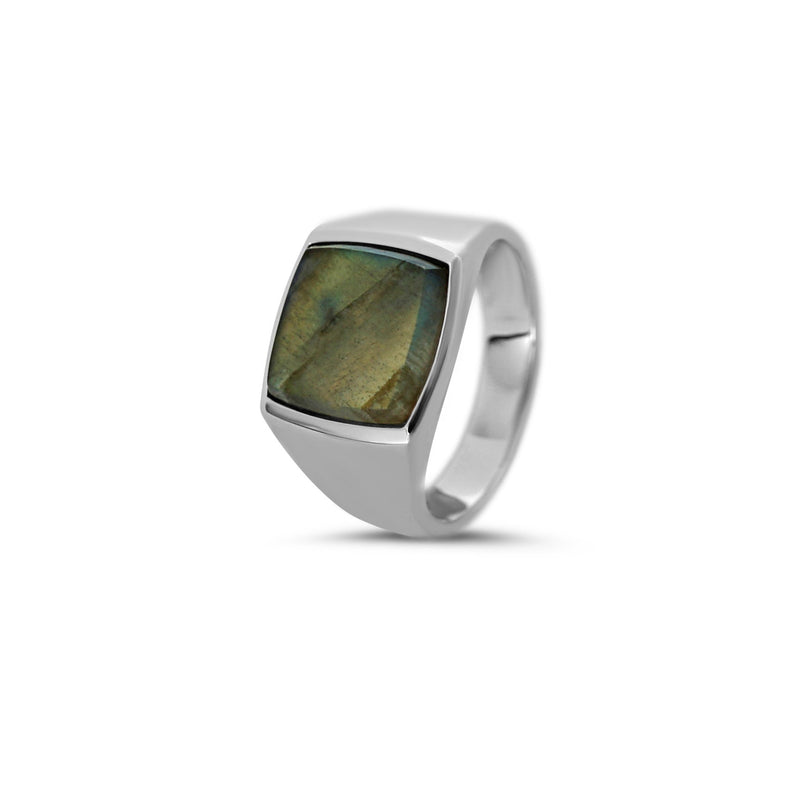 Herren Silber Siegelring mit grünem Larvikit Edelstein minimalistisch Gravur 925 Silber handgefertigt stilvoll robust für Alltag und besondere Anlässe Sprezzi Fashion