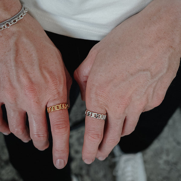 Streetwear Cuban Chain Ring Set in Silber und Gold aus 925 Sterling Silber mit minimalistischer Gravur Sprezzi Fashion
