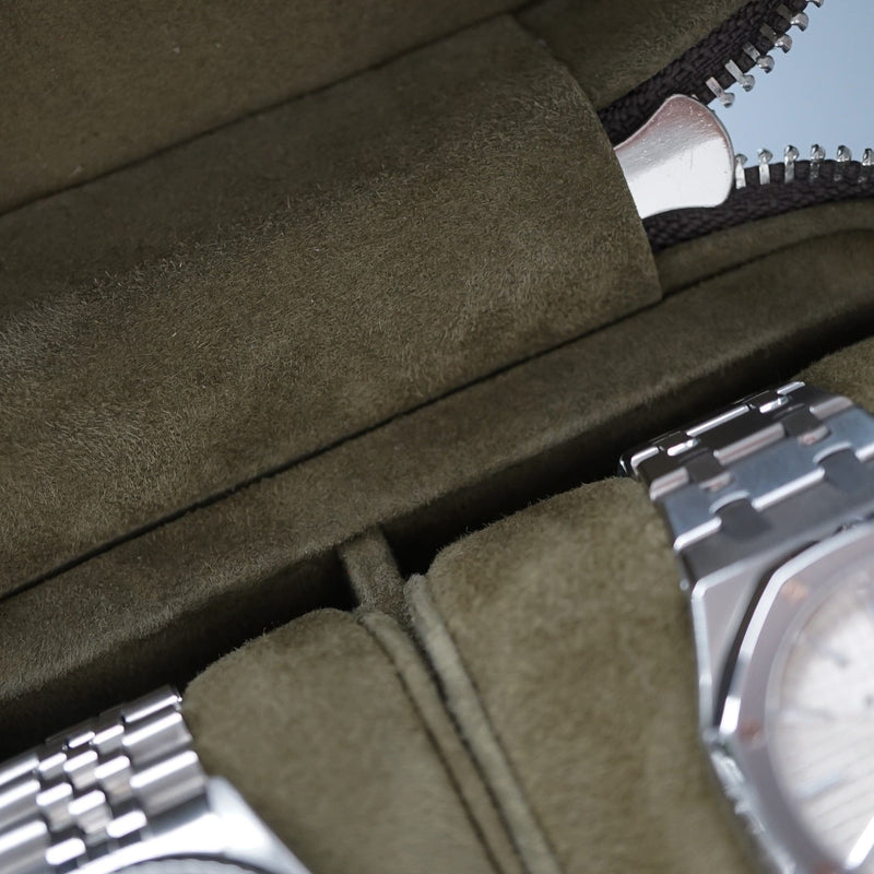 Khaki Leder Uhrenbox für 2 Uhren handgefertigt weiches Wildleder innen ideal für unterwegs Sprezzi Fashion