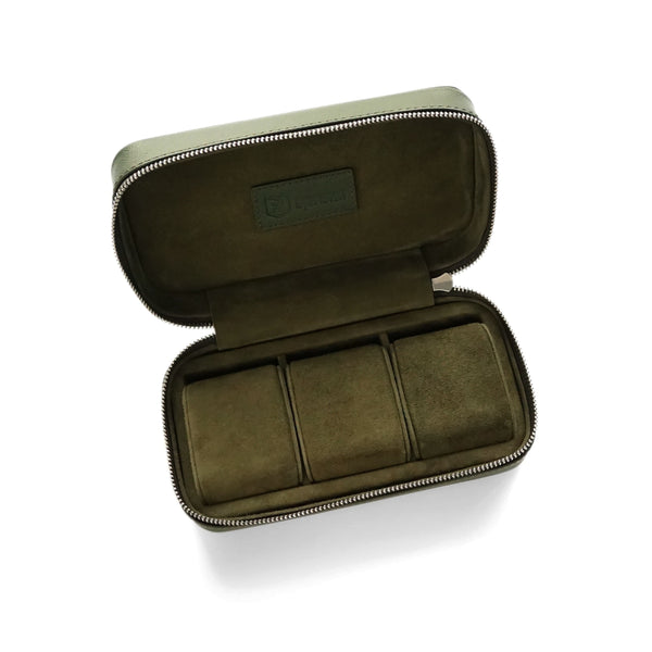 Handgefertigte Uhrenbox aus khaki Leder für 3 Uhren weiches Wildleder innen stilvolles Design Sprezzi Fashion