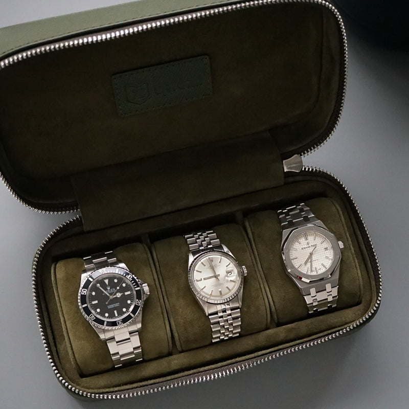 Khaki Leder Uhrenbox für 3 Uhren handgefertigt weiches Wildleder innen ideal für unterwegs Sprezzi Fashion