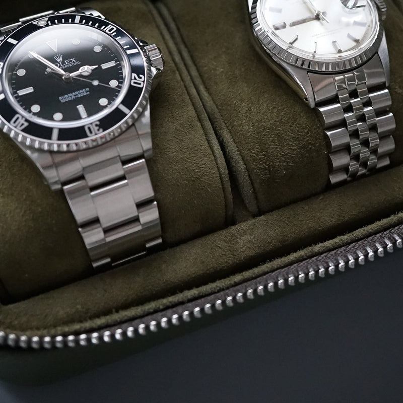 Khaki Leder Uhrenbox für 3 Uhren handgefertigt mit robustem Reißverschluss ideal für Reisen Sprezzi Fashion