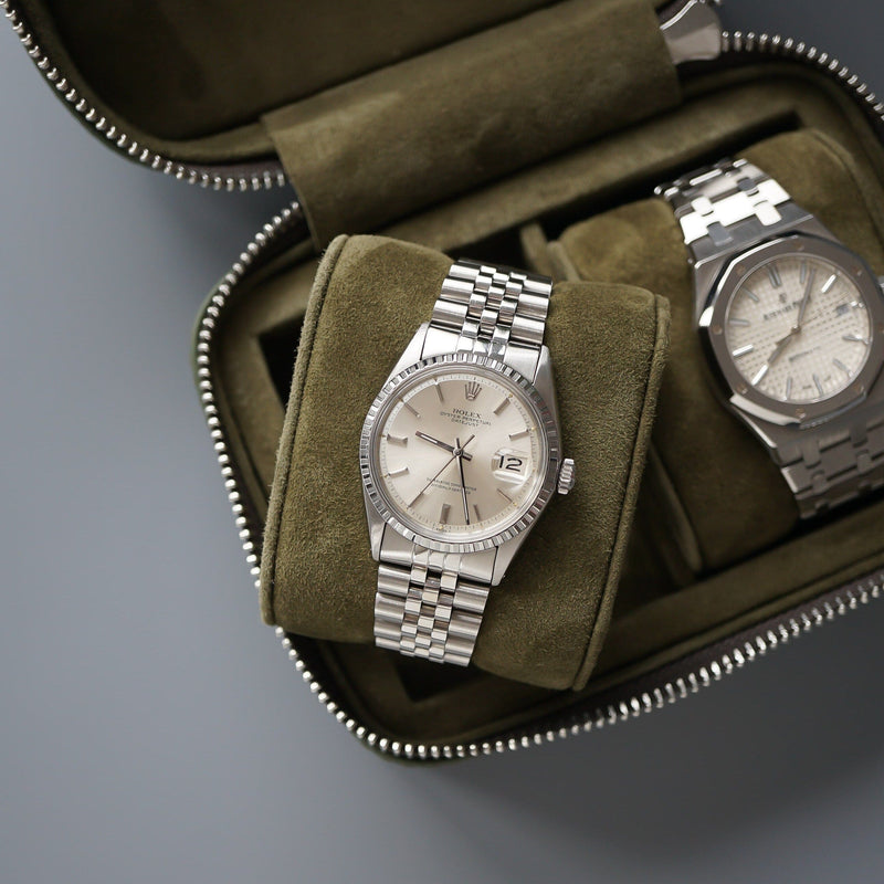 Elegante Uhrenrolle aus khaki Leder für 2 Uhren handgefertigt weiches Wildleder innen Sprezzi Fashion