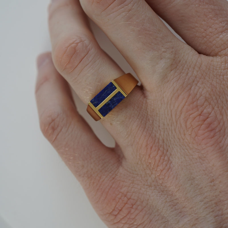 18k vergoldeter Silber Ring mit doppeltem Lapis Stein polierter Look handgemacht edel Sprezzi Fashion