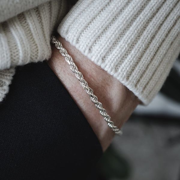 Herren Rope Stil Armband aus reinem 925 Sterling Silber mit gedrehtem Muster und feinem Glanz Sprezzi Fashion