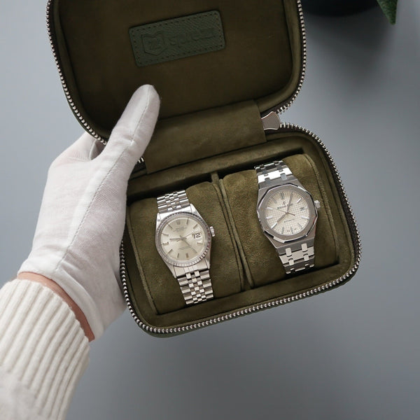 Luxuriöse Leder Uhrenbox khaki grün Aufbewahrung für bis zu 2 Uhren Sprezzi Fashion
