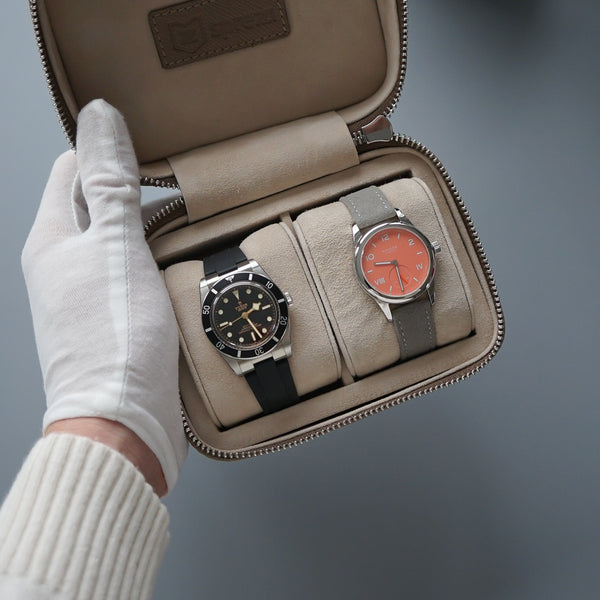 Luxuriöse Leder Uhrenbox taupe Aufbewahrung für bis zu 2 Uhren Sprezzi Fashion