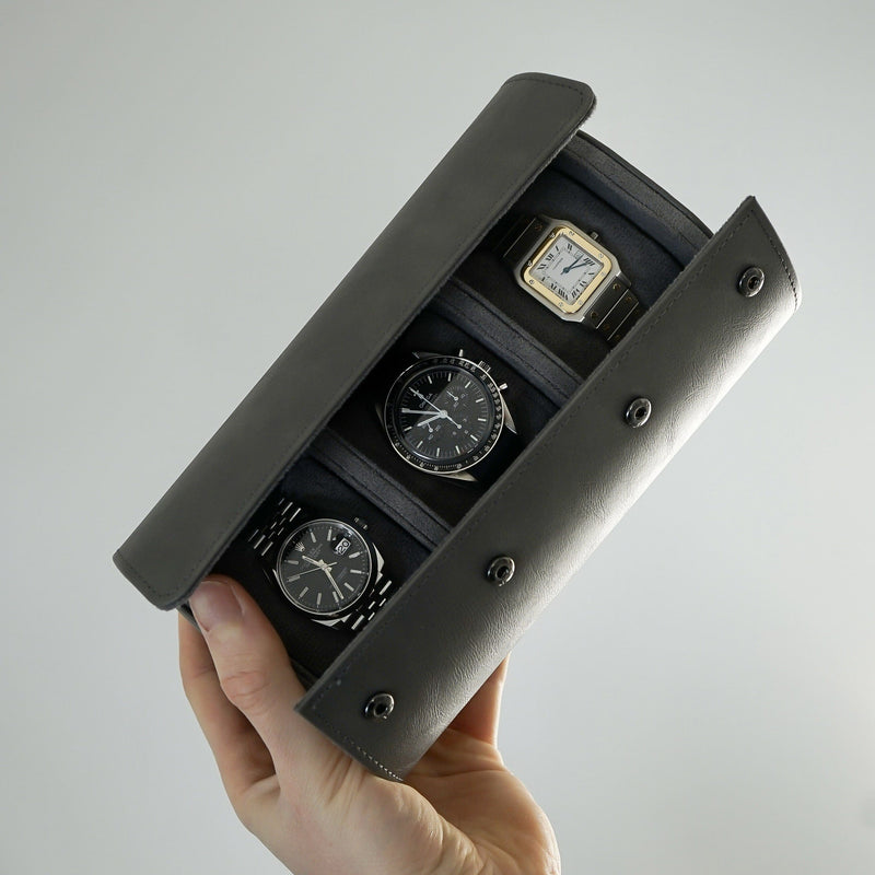 Hochwertige Uhrenbox für drei Uhren aus Kunstleder Grau