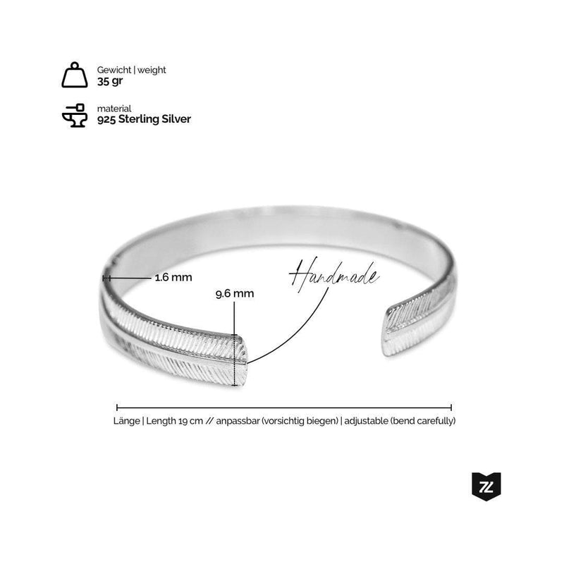 925 Sterling Silber Feather Armreif handgearbeitet filigran gestaltet 35 Gramm schwer und ideal fuer Herren Sprezzi Fashion